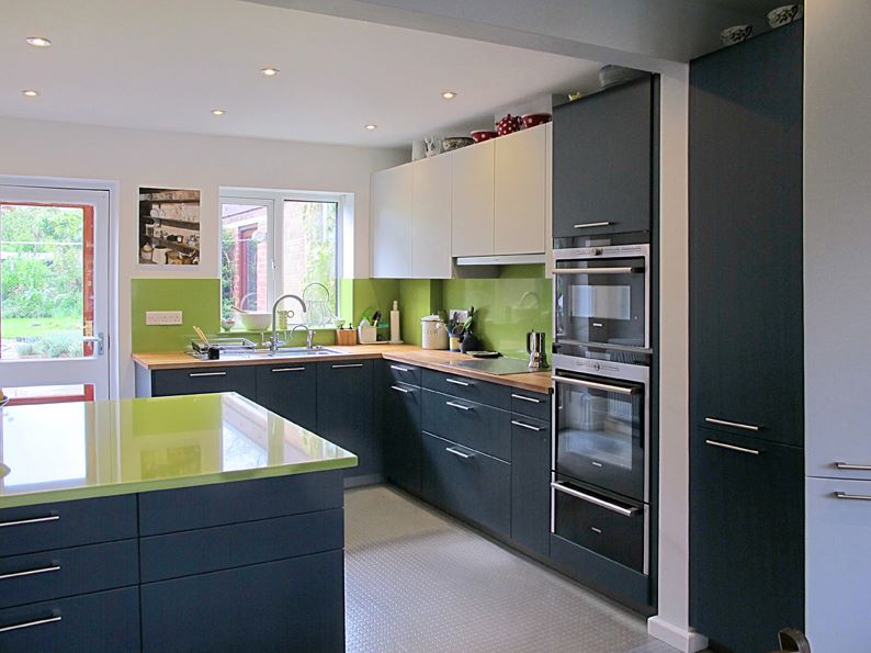 Cambia Blue and Atmos Pearl Grey — a Rational kitchen by Kitchensmiths, with silestone Verde Fun worktops (photograph 3 of 4)