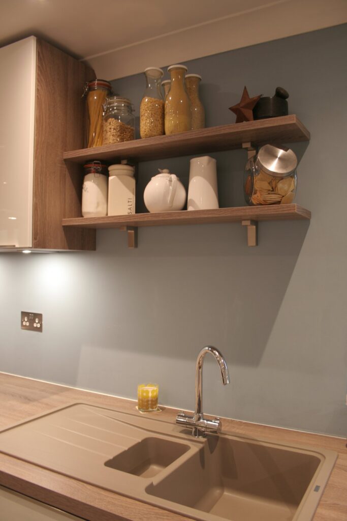 Como High Gloss White, with dark oak — a Störmer kitchen by Kitchensmiths, with oak worktops (photograph 5 of 8)