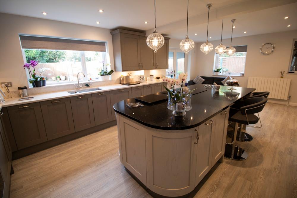 Brushed oak Aspen in Cashmere and Moles Taupe — a Stoneham kitchen by Kitchensmiths, with silestone Lyra worktops (photograph 1 of 5)