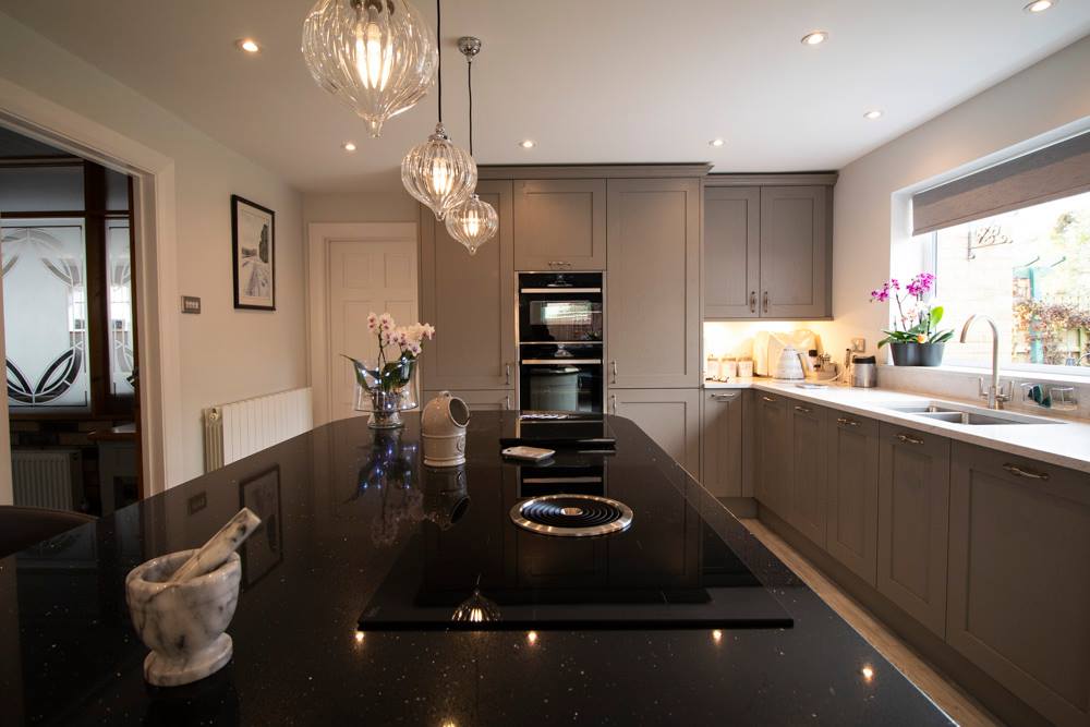 Brushed oak Aspen in Cashmere and Moles Taupe — a Stoneham kitchen by Kitchensmiths, with silestone Lyra worktops (photograph 3 of 5)