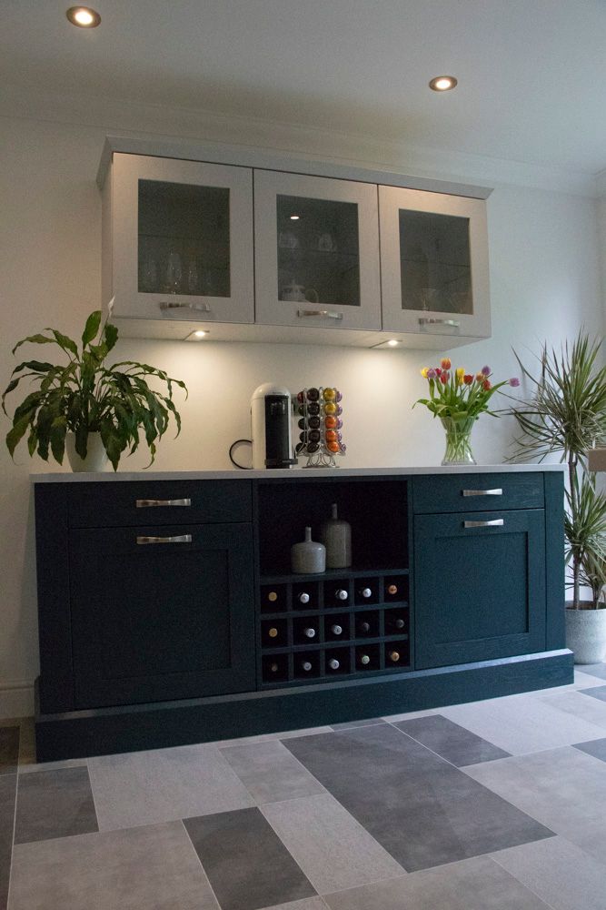 Hague Blue and Dove Grey, painted oak — a Stoneham kitchen by Kitchensmiths, with silestone worktops (photograph 3 of 6)