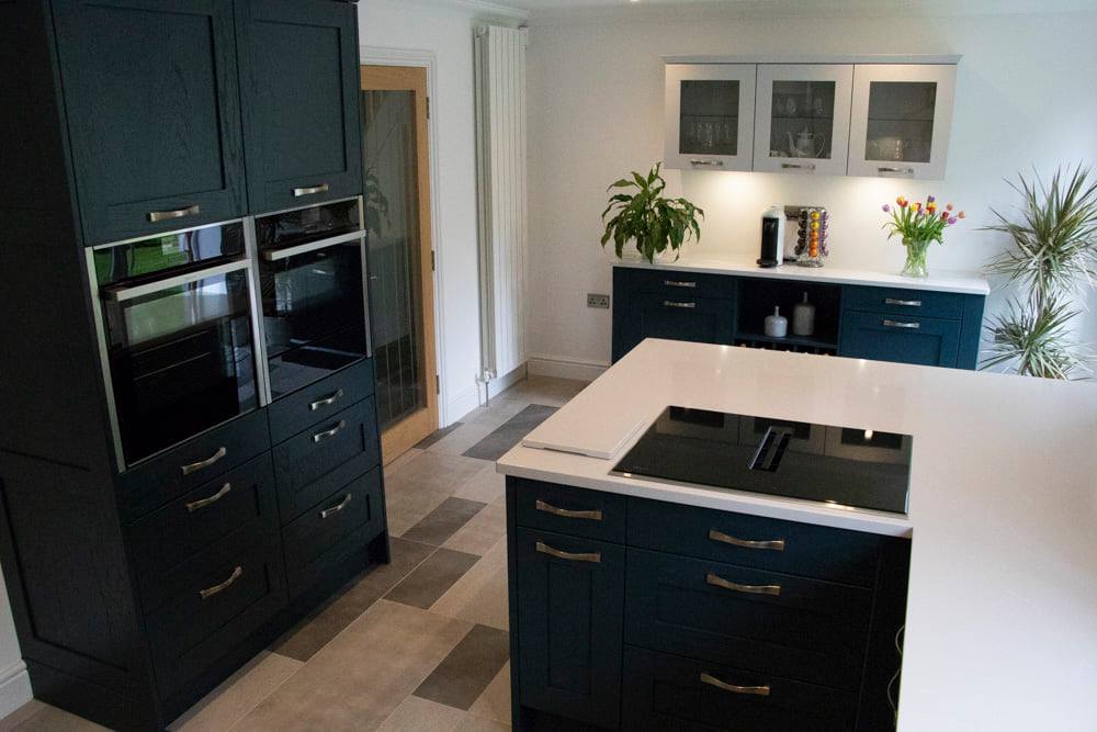 Hague Blue and Dove Grey, painted oak — a Stoneham kitchen by Kitchensmiths, with silestone worktops (photograph 4 of 6)