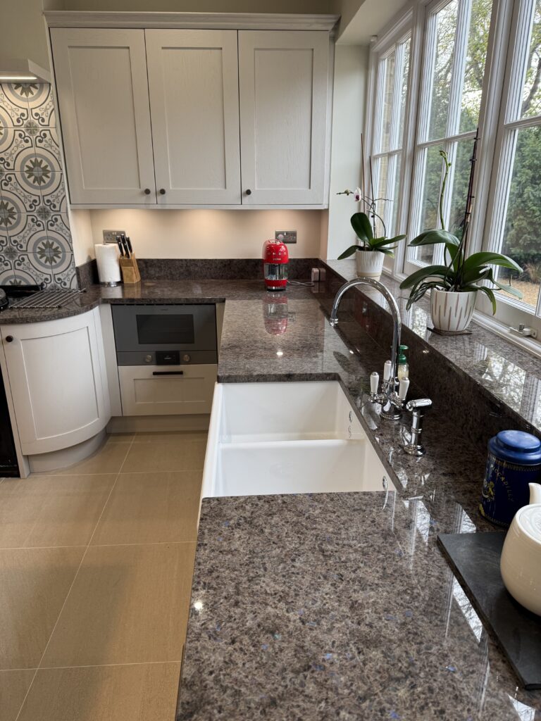 Cashmere and Aegean Blue, under Antique Labrador — a Stoneham kitchen by Kitchensmiths (photograph 7 of 9)