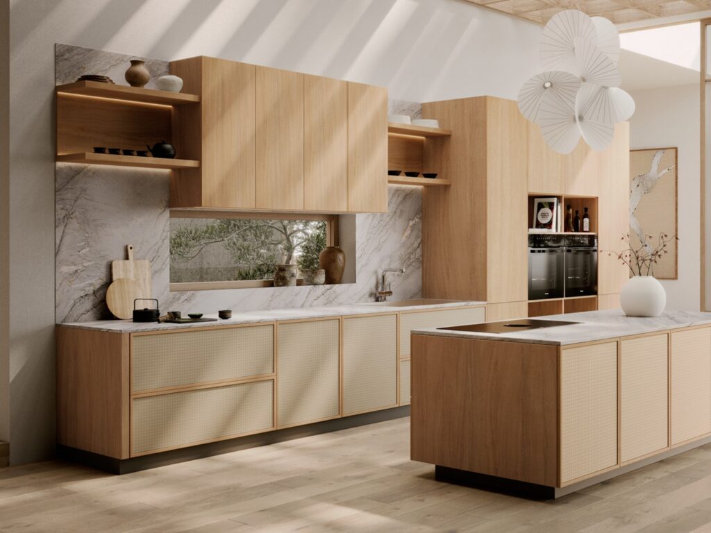 Door styles — oak slab wall units above rattan-fronted drawers, with a walnut island