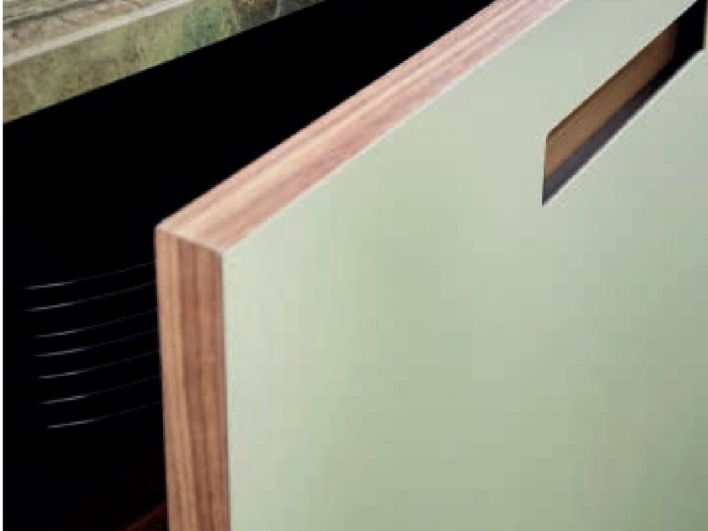 Finishes — a sage linoleum door front with a solid timber edge and integrated grip