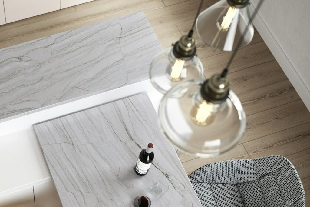 A Sensa Macaubas worktop and matching stone table, seen from above